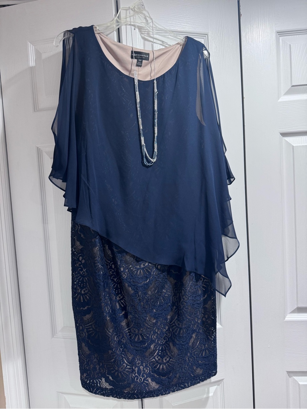 connected apparel Navy Dress with Blush Neckline